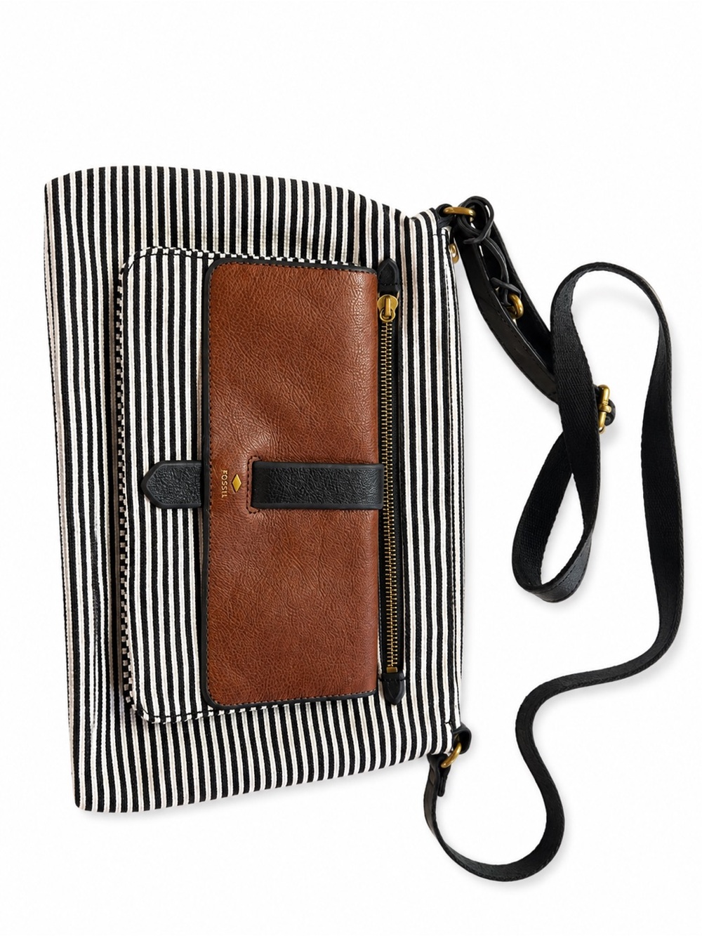 Fossil Black-and-White Striped Canvas Crossbody with Brown Leather Pocket